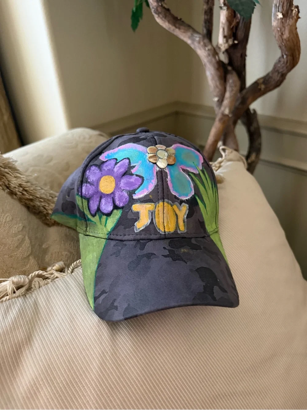 Art by Luke, OOAK Gray Floral 'JOY' Cap with Purple & Teal Accents